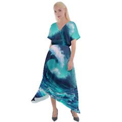 Tsunami Tidal Wave Ocean Waves Sea Nature Water Cross Front Sharkbite Hem Maxi Dress