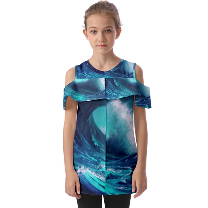 Tsunami Tidal Wave Ocean Waves Sea Nature Water Fold Over Open Sleeve Top