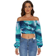 Tsunami Tidal Wave Ocean Waves Sea Nature Water Long Sleeve Crinkled Weave Crop Top by Jancukart