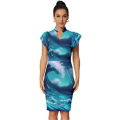 Tsunami Tidal Wave Ocean Waves Sea Nature Water Vintage Frill Sleeve V-neck Bodycon Dress