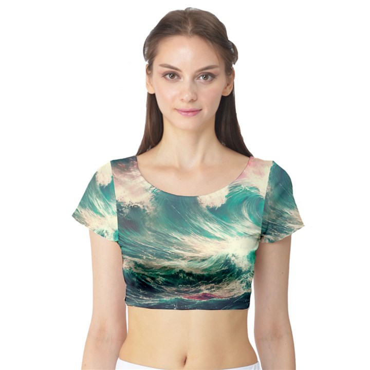 Storm Tsunami Waves Ocean Sea Nautical Nature 2 Short Sleeve Crop Top