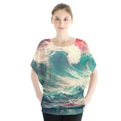 Storm Tsunami Waves Ocean Sea Nautical Nature 2 Batwing Chiffon Blouse