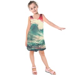 Storm Tsunami Waves Ocean Sea Nautical Nature 2 Kids  Sleeveless Dress by Jancukart