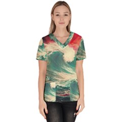 Storm Tsunami Waves Ocean Sea Nautical Nature 2 Women s V-neck Scrub Top