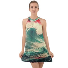 Storm Tsunami Waves Ocean Sea Nautical Nature 2 Halter Tie Back Chiffon Dress by Jancukart