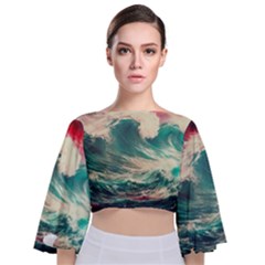 Storm Tsunami Waves Ocean Sea Nautical Nature 2 Tie Back Butterfly Sleeve Chiffon Top