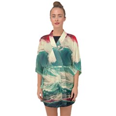 Storm Tsunami Waves Ocean Sea Nautical Nature 2 Half Sleeve Chiffon Kimono