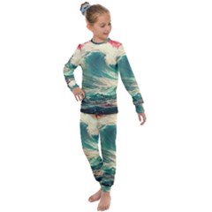 Storm Tsunami Waves Ocean Sea Nautical Nature 2 Kids  Long Sleeve Set 