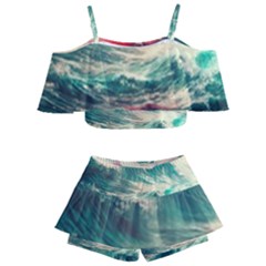 Storm Tsunami Waves Ocean Sea Nautical Nature 2 Kids  Off Shoulder Skirt Bikini