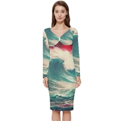 Storm Tsunami Waves Ocean Sea Nautical Nature 2 Long Sleeve V-neck Bodycon Dress  by Jancukart