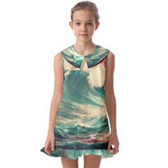 Storm Tsunami Waves Ocean Sea Nautical Nature 2 Kids  Pilgrim Collar Ruffle Hem Dress