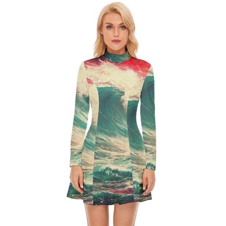 Storm Tsunami Waves Ocean Sea Nautical Nature 2 Long Sleeve Velour Longline Dress