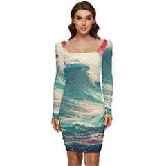 Storm Tsunami Waves Ocean Sea Nautical Nature 2 Women Long Sleeve Ruched Stretch Jersey Dress