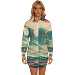 Storm Tsunami Waves Ocean Sea Nautical Nature 2 Womens Long Sleeve Shirt Dress