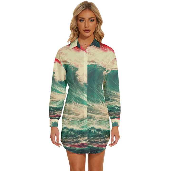 Storm Tsunami Waves Ocean Sea Nautical Nature 2 Womens Long Sleeve Shirt Dress