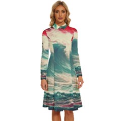 Storm Tsunami Waves Ocean Sea Nautical Nature 2 Long Sleeve Shirt Collar A-line Dress