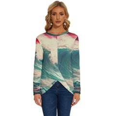 Storm Tsunami Waves Ocean Sea Nautical Nature 2 Long Sleeve Crew Neck Pullover Top by Jancukart