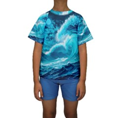 Waves Ocean Sea Tsunami Nautical 3 Kids  Short Sleeve Swimwear