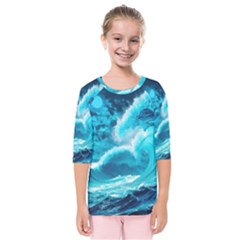 Waves Ocean Sea Tsunami Nautical 3 Kids  Quarter Sleeve Raglan Tee