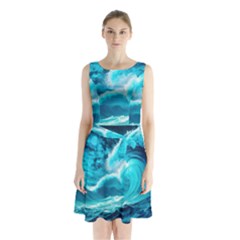 Waves Ocean Sea Tsunami Nautical 3 Sleeveless Waist Tie Chiffon Dress by Jancukart