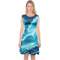 Waves Ocean Sea Tsunami Nautical 3 Capsleeve Midi Dress