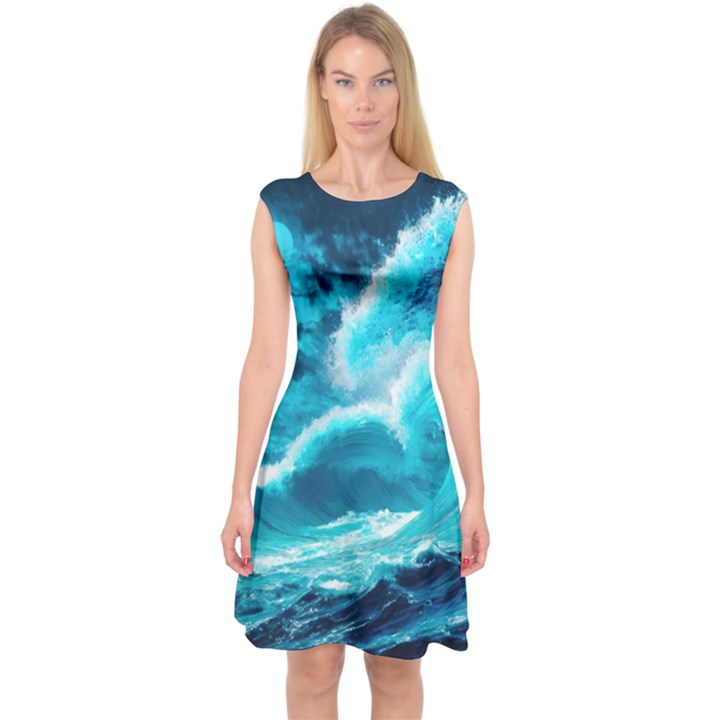 Waves Ocean Sea Tsunami Nautical 3 Capsleeve Midi Dress