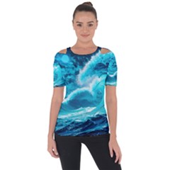 Waves Ocean Sea Tsunami Nautical 3 Shoulder Cut Out Short Sleeve Top by Jancukart