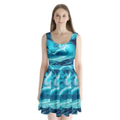 Waves Ocean Sea Tsunami Nautical 3 Split Back Mini Dress 