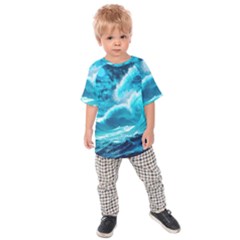 Waves Ocean Sea Tsunami Nautical 3 Kids  Raglan Tee