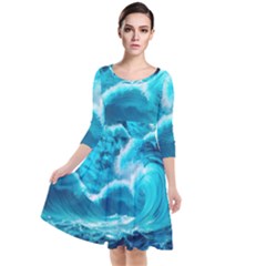 Waves Ocean Sea Tsunami Nautical 3 Quarter Sleeve Waist Band Dress