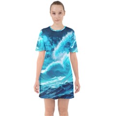 Waves Ocean Sea Tsunami Nautical 3 Sixties Short Sleeve Mini Dress