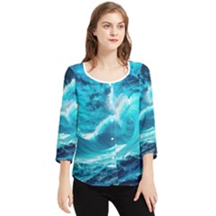 Waves Ocean Sea Tsunami Nautical 3 Chiffon Quarter Sleeve Blouse