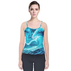 Waves Ocean Sea Tsunami Nautical 3 Velvet Spaghetti Strap Top