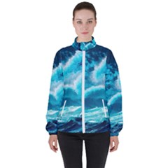 Waves Ocean Sea Tsunami Nautical 3 Women s High Neck Windbreaker by Jancukart