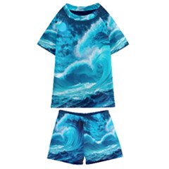 Waves Ocean Sea Tsunami Nautical 3 Kids  Swim Tee And Shorts Set by Jancukart