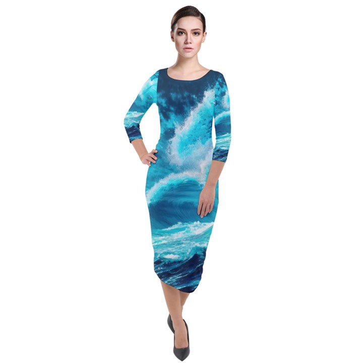 Waves Ocean Sea Tsunami Nautical 3 Quarter Sleeve Midi Velour Bodycon Dress