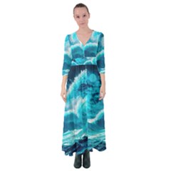 Waves Ocean Sea Tsunami Nautical 3 Button Up Maxi Dress by Jancukart