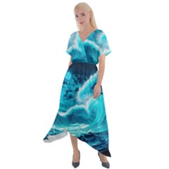 Waves Ocean Sea Tsunami Nautical 3 Cross Front Sharkbite Hem Maxi Dress by Jancukart