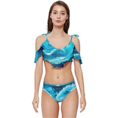 Waves Ocean Sea Tsunami Nautical 3 Ruffle Edge Tie Up Bikini Set	