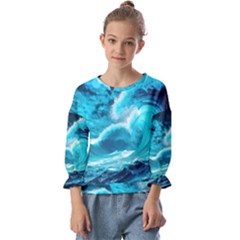 Waves Ocean Sea Tsunami Nautical 3 Kids  Cuff Sleeve Top