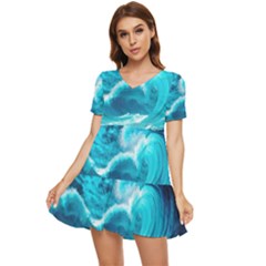 Waves Ocean Sea Tsunami Nautical 3 Tiered Short Sleeve Babydoll Dress