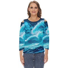 Waves Ocean Sea Tsunami Nautical 3 Cut Out Wide Sleeve Top