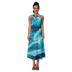 Waves Ocean Sea Tsunami Nautical 3 Sleeveless Cross Front Cocktail Midi Chiffon Dress