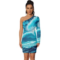 Waves Ocean Sea Tsunami Nautical 3 Long Sleeve One Shoulder Mini Dress