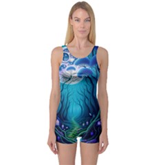 Forrest Jungle Blue Artwork One Piece Boyleg Swimsuit