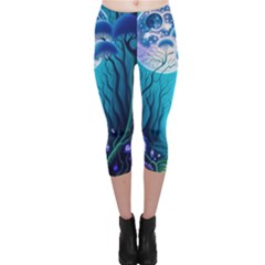 Forrest Jungle Blue Artwork Capri Leggings 