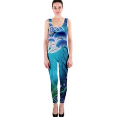 Forrest Jungle Blue Artwork One Piece Catsuit