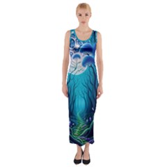 Forrest Jungle Blue Artwork Fitted Maxi Dress