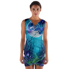 Forrest Jungle Blue Artwork Wrap Front Bodycon Dress