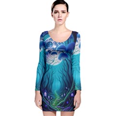 Forrest Jungle Blue Artwork Long Sleeve Velvet Bodycon Dress